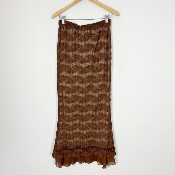 Vtg Y2K Brown Floral Mesh Maxi Skirt Layered Ruffle Fairy Whimsical Size Large W - Picture 1 of 6